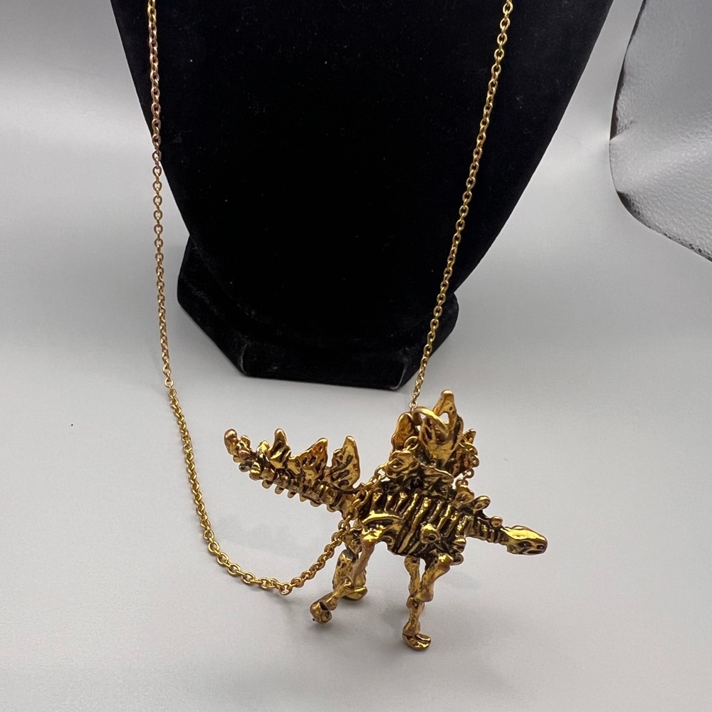 Rare Quirky Gold Stegosaurus Dinosaur Skeleton Necklace – 32”